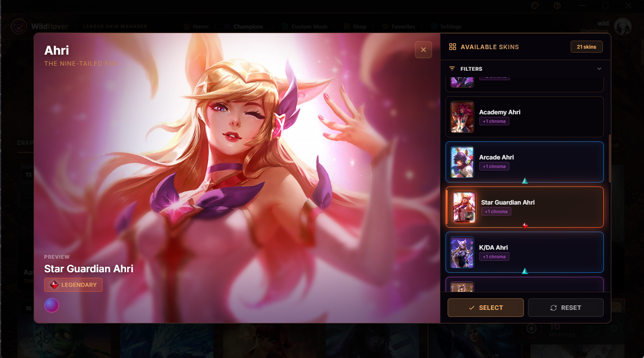 Individual champion skin selection page